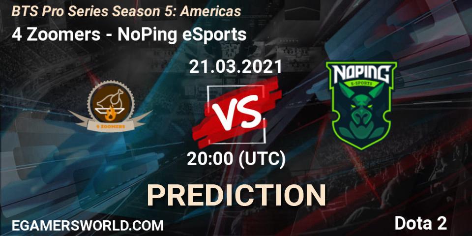 Prognose für das Spiel 4 Zoomers VS NoPing eSports. 21.03.2021 at 20:00. Dota 2 - BTS Pro Series Season 5: Americas