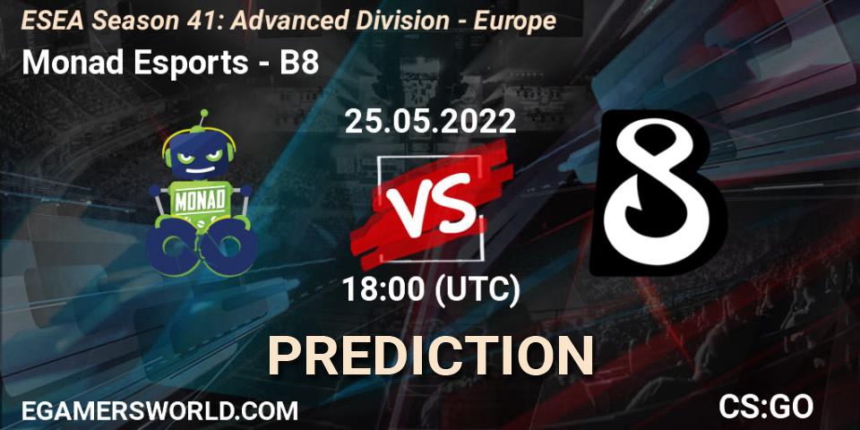 Prognose für das Spiel Monad Esports VS B8. 25.05.2022 at 18:00. Counter-Strike (CS2) - ESEA Season 41: Advanced Division - Europe