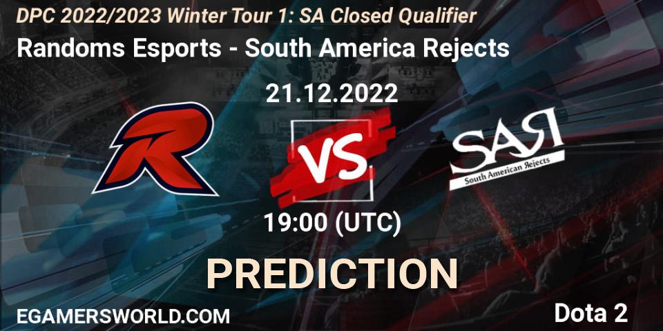 Prognose für das Spiel Randoms Esports VS South America Rejects. 21.12.2022 at 19:01. Dota 2 - DPC 2022/2023 Winter Tour 1: SA Closed Qualifier