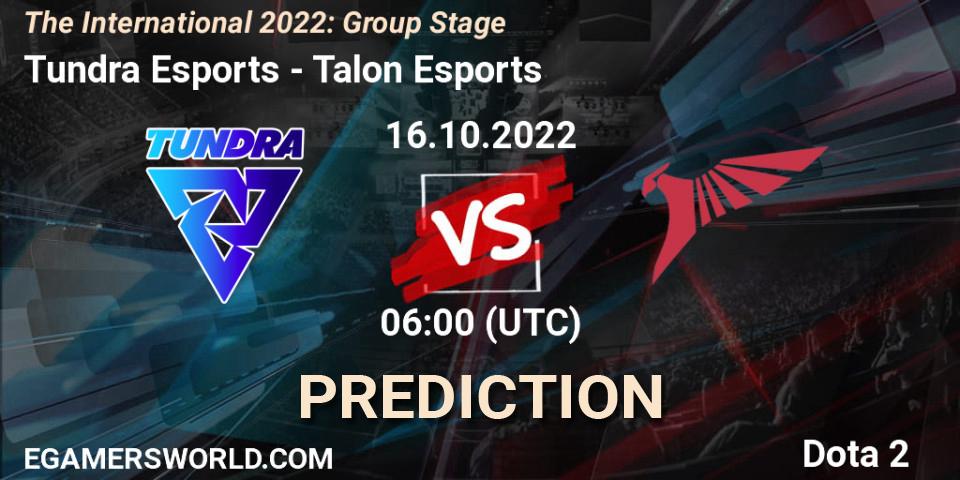 Prognose für das Spiel Tundra Esports VS Talon Esports. 16.10.2022 at 06:37. Dota 2 - The International 2022: Group Stage