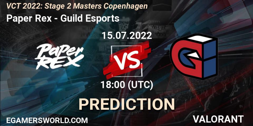 Prognose für das Spiel Paper Rex VS Guild Esports. 14.07.2022 at 15:15. VALORANT - VCT 2022: Stage 2 Masters Copenhagen