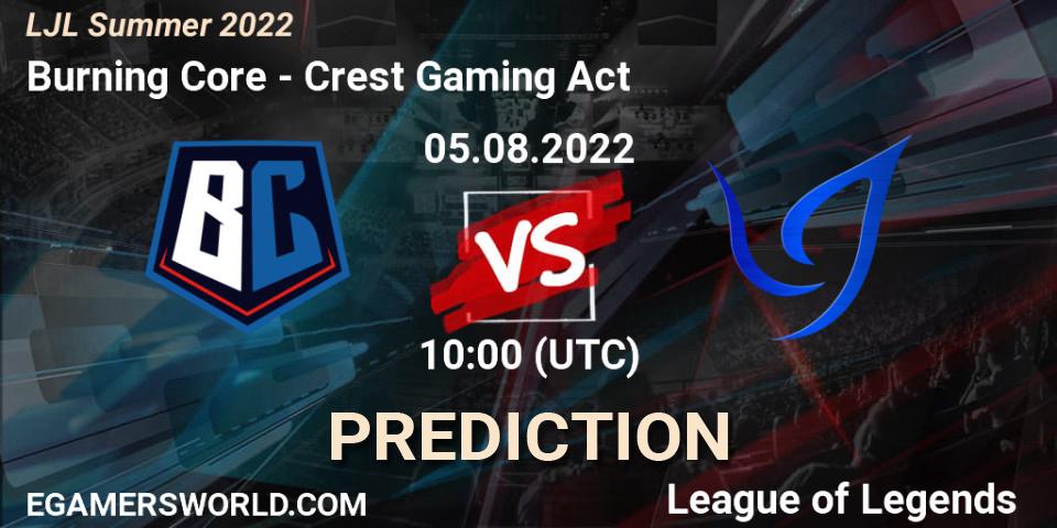 Prognose für das Spiel Burning Core VS Crest Gaming Act. 05.08.2022 at 10:00. LoL - LJL Summer 2022