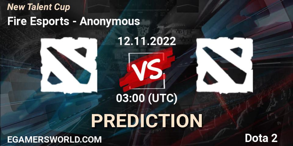 Prognose für das Spiel Fire Esports VS Anonymous. 12.11.2022 at 03:00. Dota 2 - New Talent Cup
