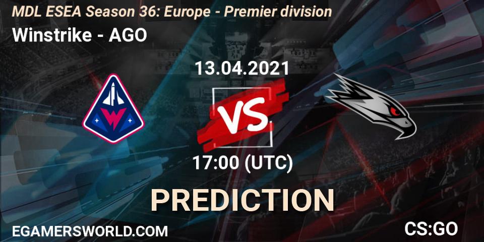 Prognose für das Spiel ex-Winstrike VS AGO. 13.04.2021 at 17:00. Counter-Strike (CS2) - MDL ESEA Season 36: Europe - Premier division