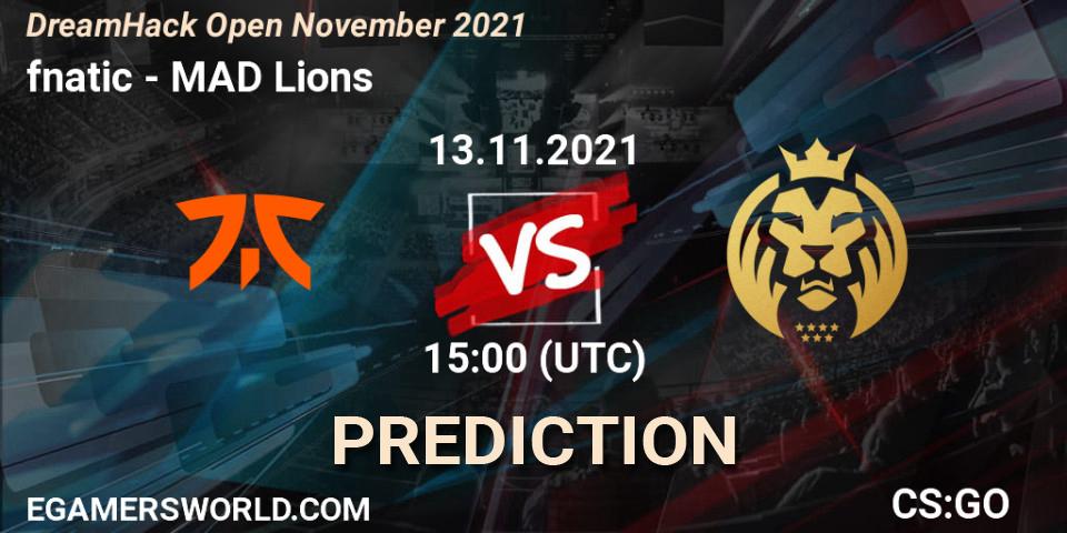 Prognose für das Spiel fnatic VS MAD Lions. 13.11.2021 at 15:00. Counter-Strike (CS2) - DreamHack Open November 2021