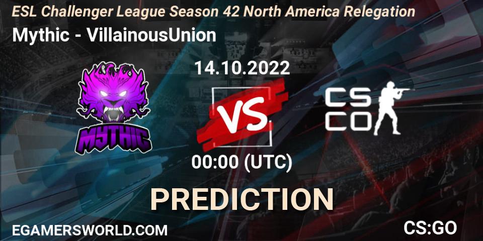 Prognose für das Spiel Mythic VS VillainousUnion. 14.10.2022 at 00:00. Counter-Strike (CS2) - ESL Challenger League Season 42 North America Relegation