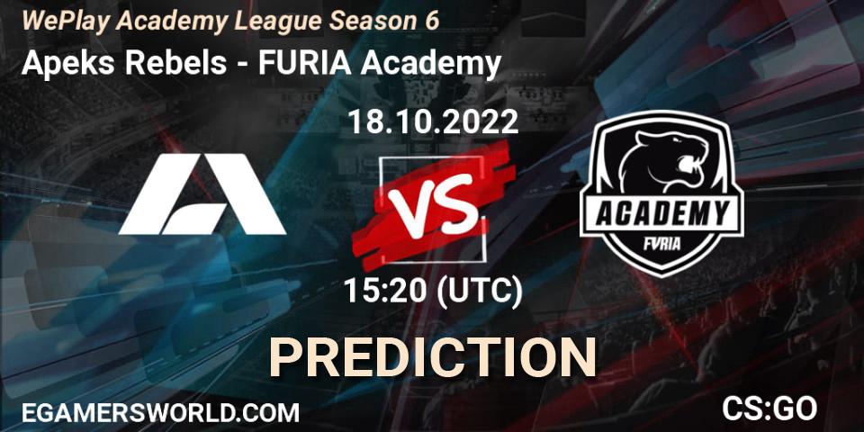 Prognose für das Spiel Apeks Rebels VS FURIA Academy. 18.10.2022 at 15:50. Counter-Strike (CS2) - WePlay Academy League Season 6