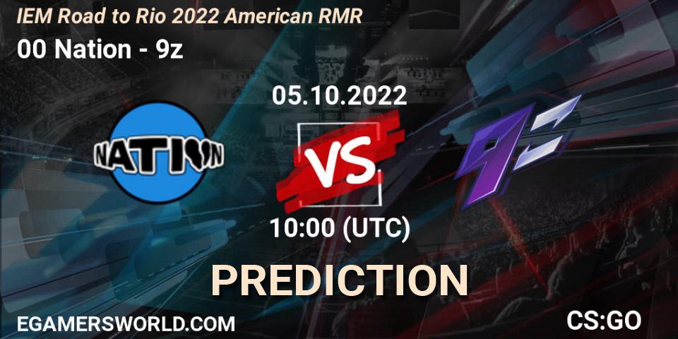Prognose für das Spiel 00 Nation VS 9z. 05.10.2022 at 12:35. Counter-Strike (CS2) - IEM Road to Rio 2022 American RMR