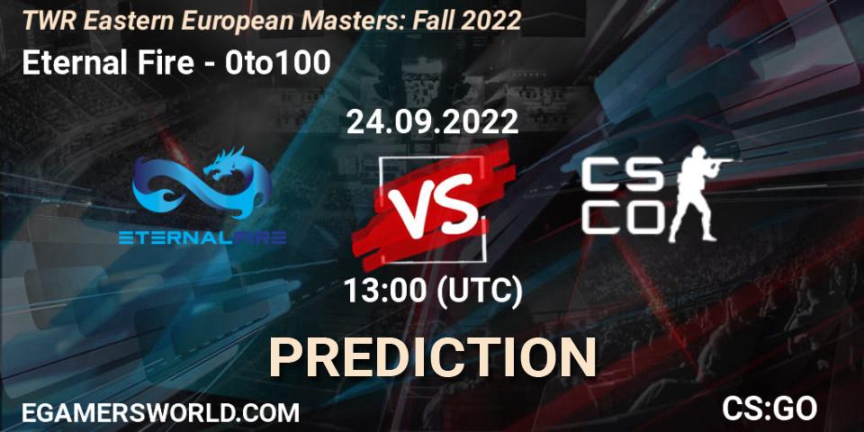 Prognose für das Spiel Eternal Fire VS 0to100. 24.09.22. CS2 (CS:GO) - TWR Eastern European Masters: Fall 2022