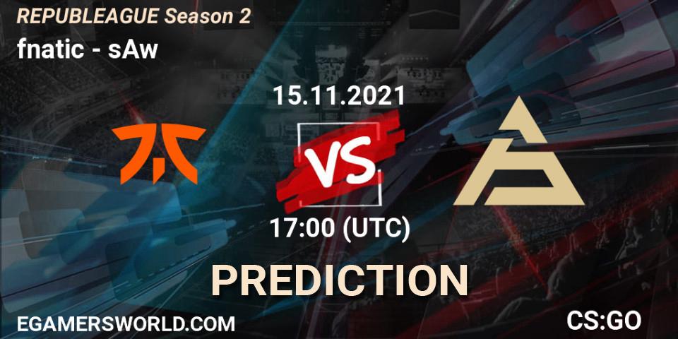 Prognose für das Spiel fnatic VS sAw. 15.11.2021 at 18:00. Counter-Strike (CS2) - REPUBLEAGUE Season 2