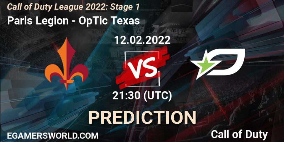 Prognose für das Spiel Paris Legion VS OpTic Texas. 12.02.22. Call of Duty - Call of Duty League 2022: Stage 1