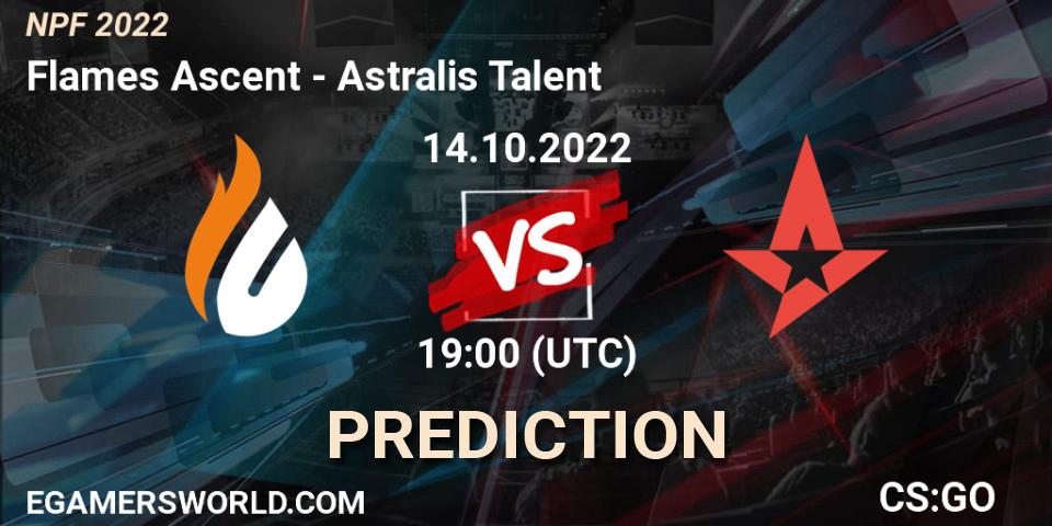 Prognose für das Spiel Flames Ascent VS Astralis Talent. 14.10.2022 at 20:00. Counter-Strike (CS2) - NPF 2022