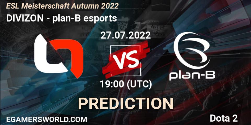 Prognose für das Spiel DIVIZON VS plan-B esports. 27.07.2022 at 19:51. Dota 2 - ESL Meisterschaft Autumn 2022