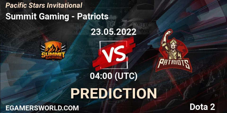 Prognose für das Spiel Summit Gaming VS Patriots. 23.05.2022 at 05:00. Dota 2 - Pacific Stars Invitational