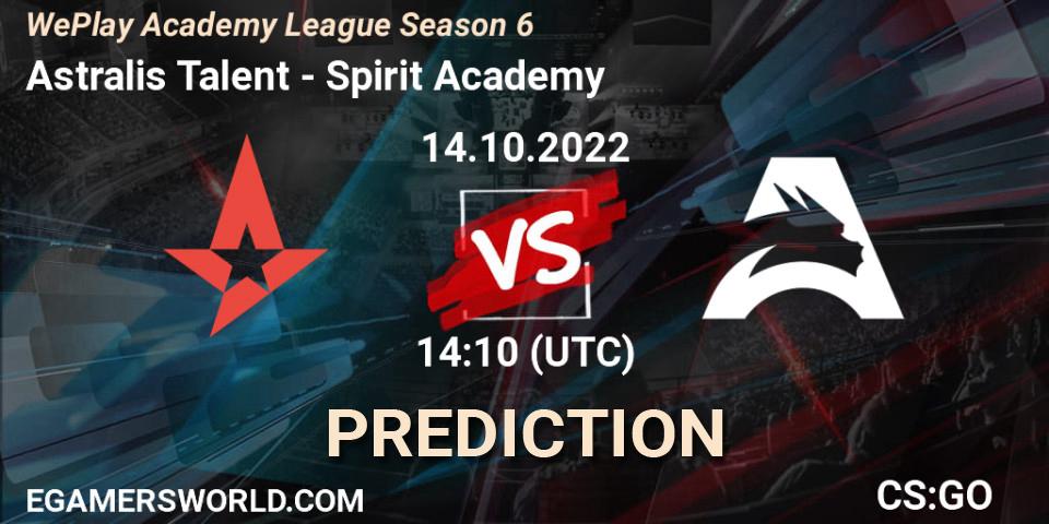 Prognose für das Spiel Astralis Talent VS Spirit Academy. 14.10.2022 at 14:10. Counter-Strike (CS2) - WePlay Academy League Season 6