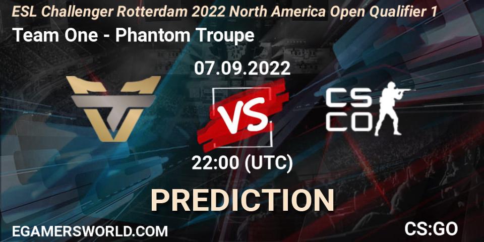 Prognose für das Spiel Team One VS Phantom Troupe. 07.09.2022 at 22:10. Counter-Strike (CS2) - ESL Challenger Rotterdam 2022 North America Open Qualifier 1