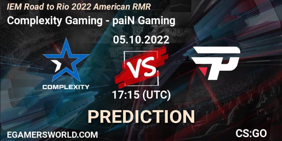 Prognose für das Spiel Complexity Gaming VS paiN Gaming. 05.10.22. CS2 (CS:GO) - IEM Road to Rio 2022 American RMR