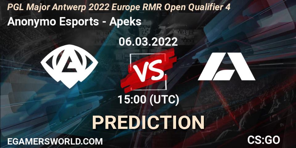 Prognose für das Spiel Anonymo Esports VS Apeks. 06.03.22. CS2 (CS:GO) - PGL Major Antwerp 2022 Europe RMR Open Qualifier 4