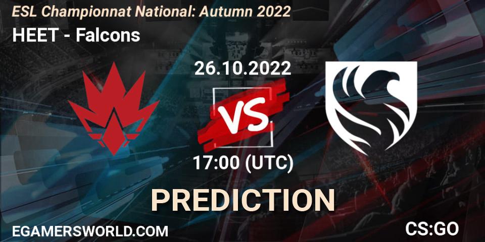 Prognose für das Spiel HEET VS Falcons. 26.10.2022 at 17:00. Counter-Strike (CS2) - ESL Championnat National: Autumn 2022