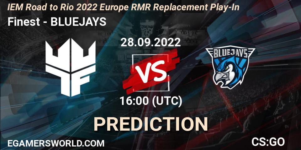 Prognose für das Spiel Finest VS BLUEJAYS. 28.09.2022 at 16:00. Counter-Strike (CS2) - IEM Road to Rio 2022 Europe RMR Replacement Play-In