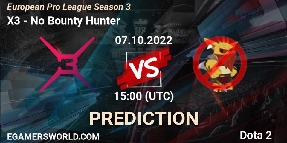 Prognose für das Spiel X3 VS No Bounty Hunter. 07.10.2022 at 14:59. Dota 2 - European Pro League Season 3 