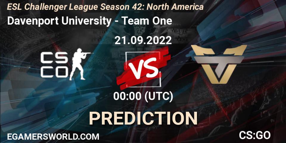 Prognose für das Spiel Davenport University VS Team One. 21.09.2022 at 00:00. Counter-Strike (CS2) - ESL Challenger League Season 42: North America