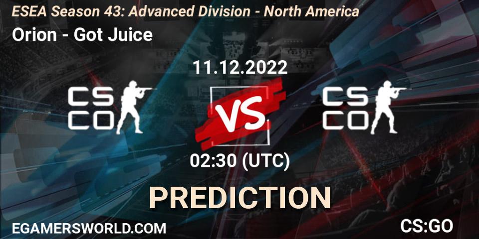 Prognose für das Spiel Orion VS Got Juice. 11.12.2022 at 02:30. Counter-Strike (CS2) - ESEA Season 43: Advanced Division - North America