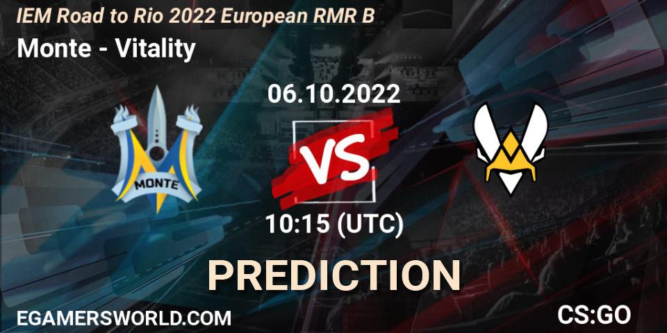 Prognose für das Spiel Monte VS Vitality. 06.10.2022 at 10:55. Counter-Strike (CS2) - IEM Road to Rio 2022 European RMR B