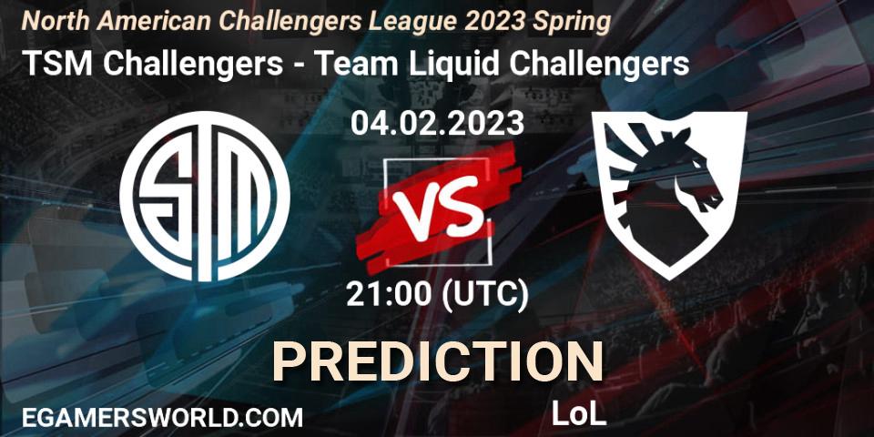 Prognose für das Spiel TSM Challengers VS Team Liquid Challengers. 04.02.23. LoL - NACL 2023 Spring - Group Stage
