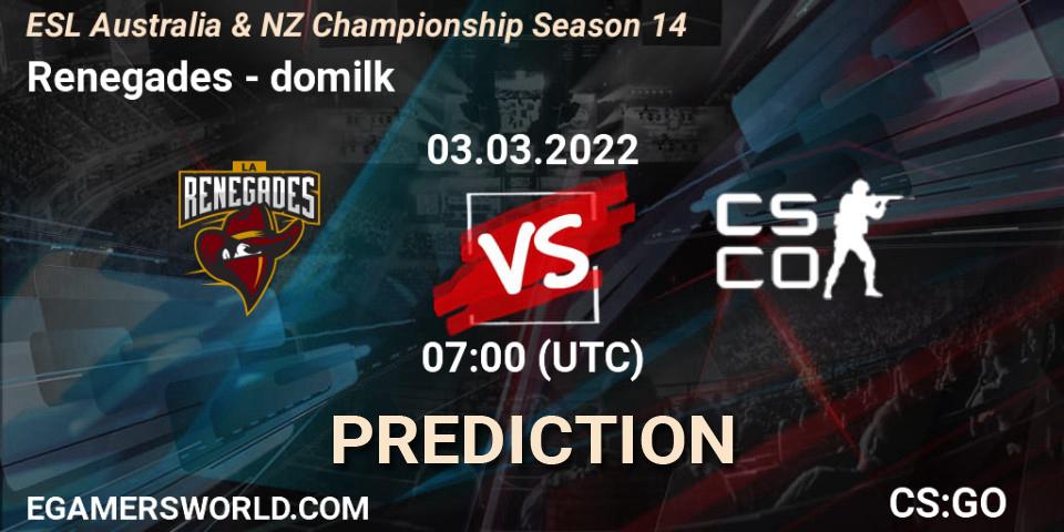Prognose für das Spiel Renegades VS DoMilk. 03.03.2022 at 07:00. Counter-Strike (CS2) - ESL ANZ Champs Season 14