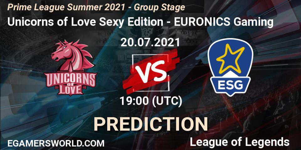 Prognose für das Spiel Unicorns of Love Sexy Edition VS EURONICS Gaming. 20.07.21. LoL - Prime League Summer 2021 - Group Stage
