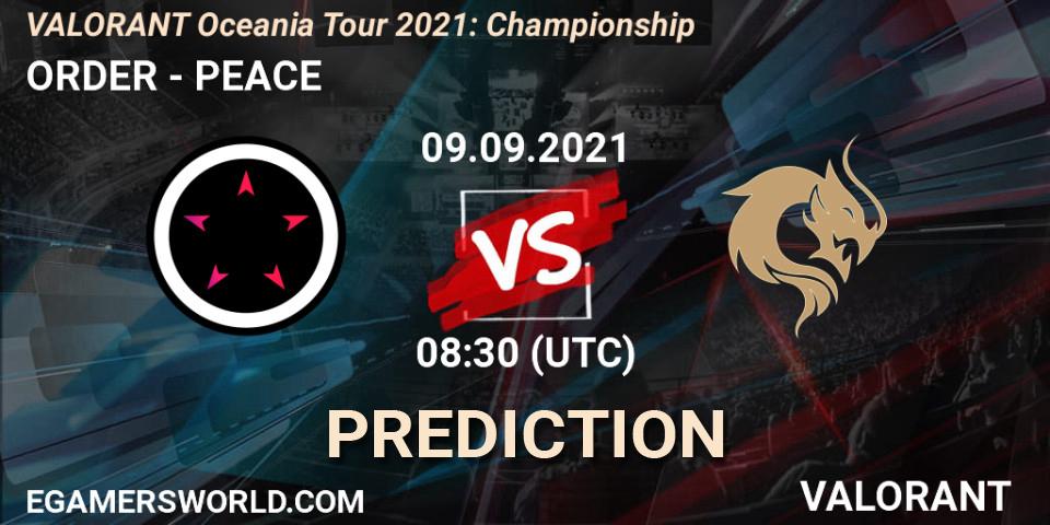 Prognose für das Spiel ORDER VS PEACE. 09.09.2021 at 08:30. VALORANT - VALORANT Oceania Tour 2021: Championship