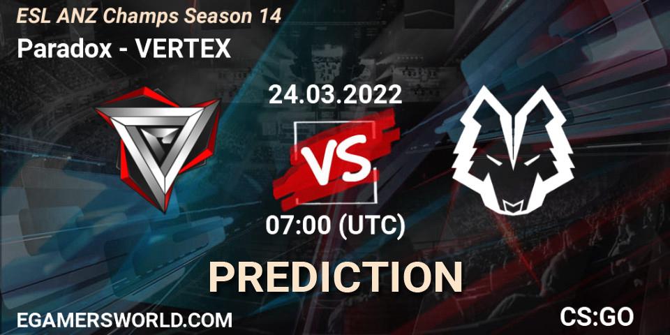 Prognose für das Spiel Paradox VS VERTEX. 24.03.2022 at 07:00. Counter-Strike (CS2) - ESL ANZ Champs Season 14