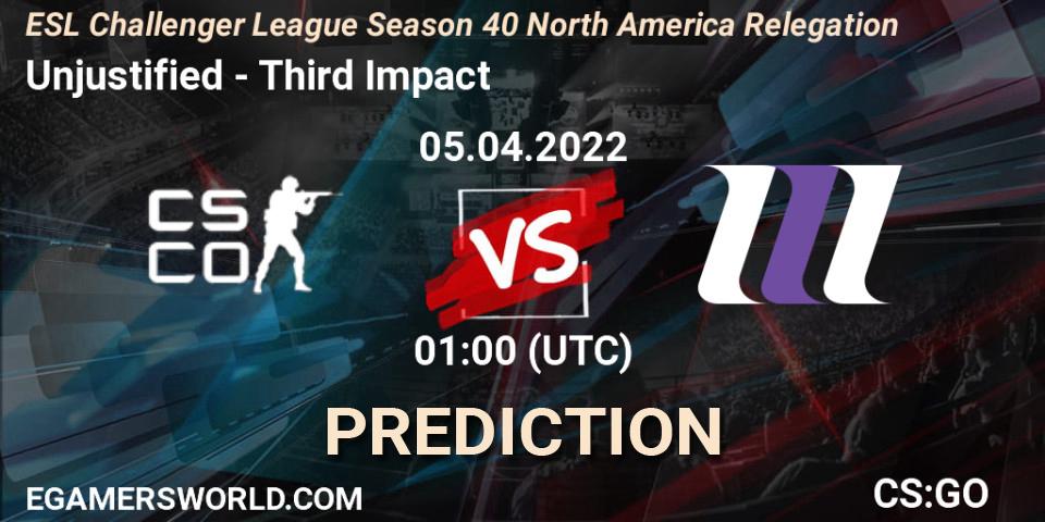 Prognose für das Spiel Unjustified VS Third Impact. 05.04.22. CS2 (CS:GO) - ESL Challenger League Season 40 North America Relegation