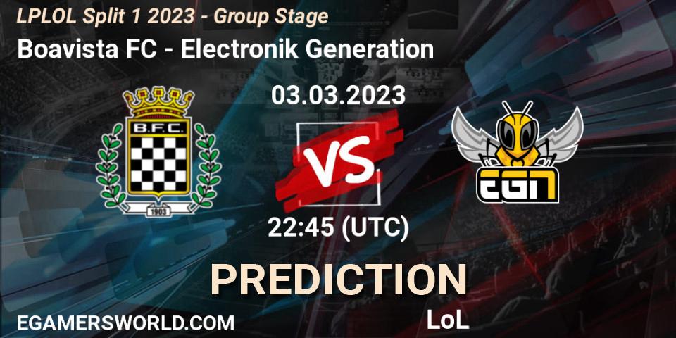 Prognose für das Spiel Boavista FC VS Electronik Generation. 03.02.2023 at 22:45. LoL - LPLOL Split 1 2023 - Group Stage
