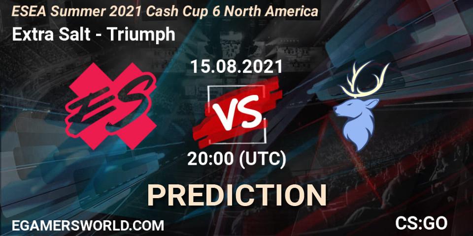 Prognose für das Spiel Extra Salt VS Triumph. 15.08.2021 at 20:00. Counter-Strike (CS2) - ESEA Cash Cup: North America - Summer 2021 #6