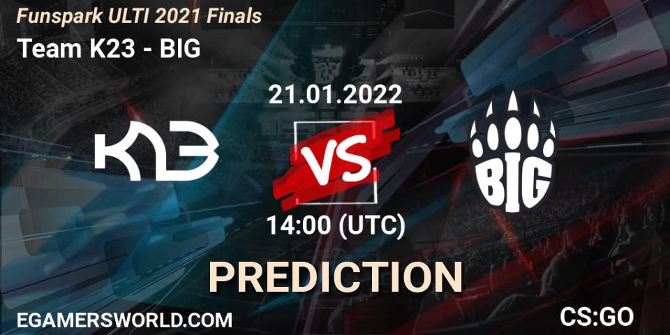 Prognose für das Spiel Team K23 VS BIG. 21.01.2022 at 14:25. Counter-Strike (CS2) - Funspark ULTI 2021 Finals