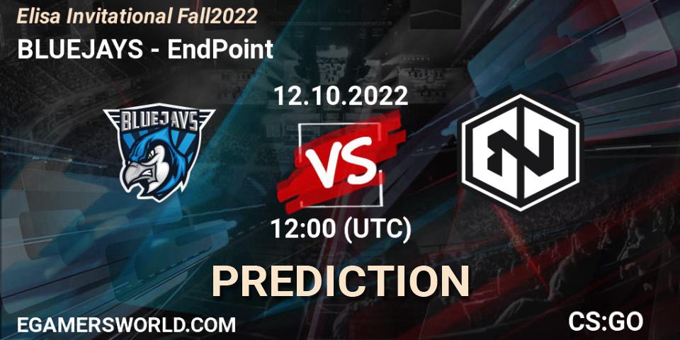 Prognose für das Spiel BLUEJAYS VS EndPoint. 12.10.2022 at 12:00. Counter-Strike (CS2) - Elisa Invitational Fall 2022