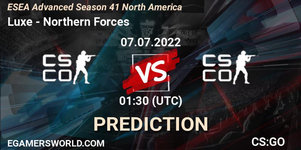 Prognose für das Spiel Luxe VS Northern Forces. 06.07.2022 at 01:00. Counter-Strike (CS2) - ESEA Advanced Season 41 North America