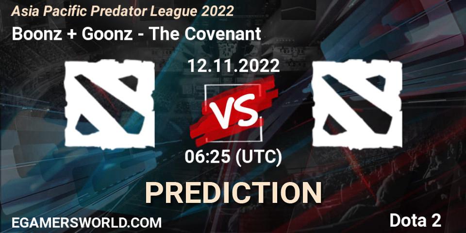 Prognose für das Spiel Boonz + Goonz VS The Covenant. 12.11.2022 at 06:25. Dota 2 - Asia Pacific Predator League 2022