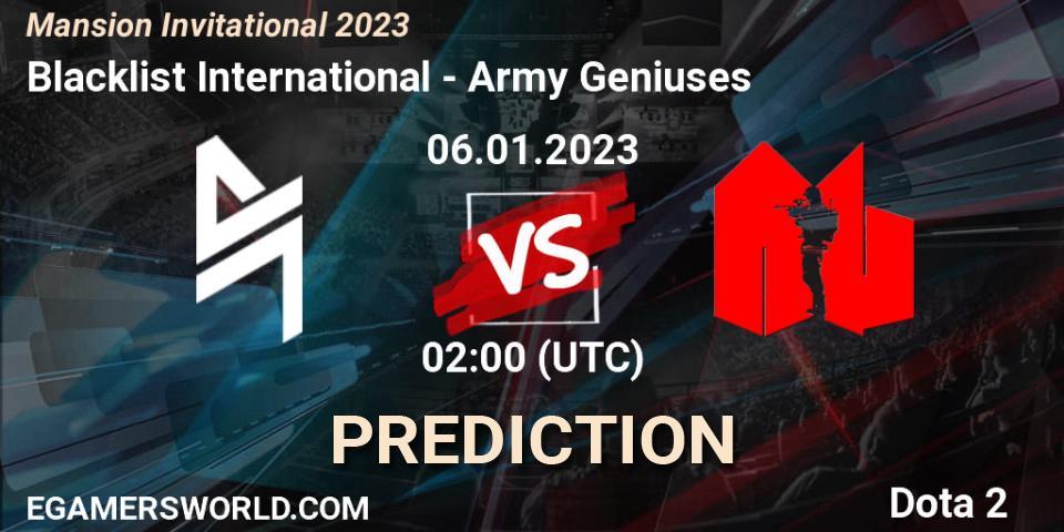 Prognose für das Spiel Blacklist International VS Army Geniuses. 07.01.2023 at 08:20. Dota 2 - Mansion Invitational 2023