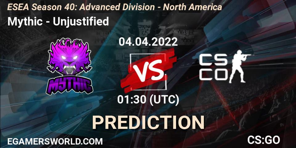 Prognose für das Spiel Mythic VS Unjustified. 04.04.2022 at 00:00. Counter-Strike (CS2) - ESEA Season 40: Advanced Division - North America