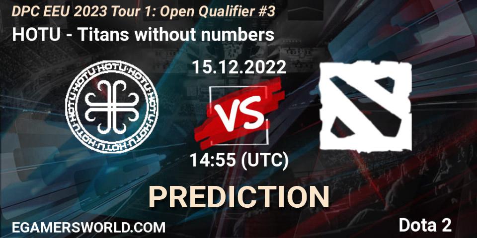 Prognose für das Spiel HOTU VS Titans without numbers. 15.12.2022 at 14:55. Dota 2 - DPC EEU 2023 Tour 1: Open Qualifier #3