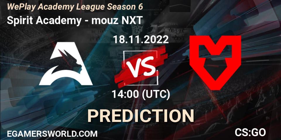 Prognose für das Spiel Spirit Academy VS mouz NXT. 18.11.2022 at 14:00. Counter-Strike (CS2) - WePlay Academy League Season 6