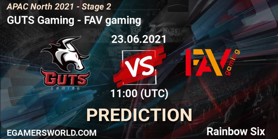 Prognose für das Spiel GUTS Gaming VS FAV gaming. 23.06.2021 at 11:00. Rainbow Six - APAC North 2021 - Stage 2