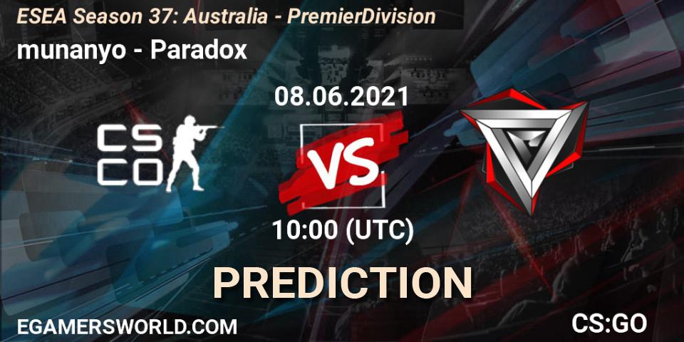 Prognose für das Spiel munanyo VS Paradox. 08.06.2021 at 10:00. Counter-Strike (CS2) - ESEA Season 37: Australia - Premier Division