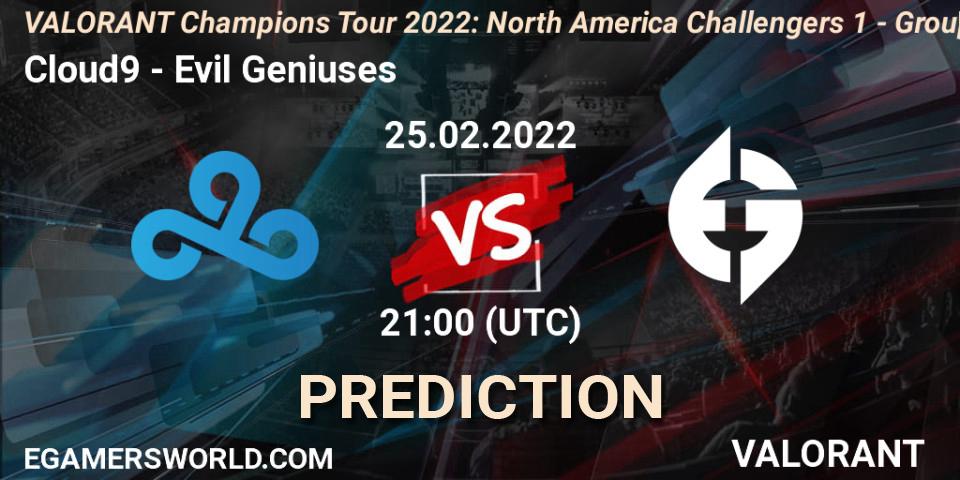 Prognose für das Spiel Cloud9 VS Evil Geniuses. 25.02.22. VALORANT - VCT 2022: North America Challengers 1 - Group Stage