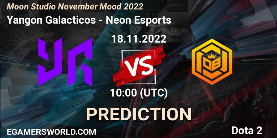 Prognose für das Spiel Yangon Galacticos VS Neon Esports. 18.11.2022 at 10:35. Dota 2 - Moon Studio November Mood 2022