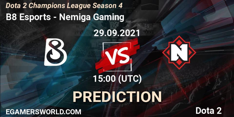 Prognose für das Spiel B8 Esports VS Nemiga Gaming. 29.09.2021 at 15:01. Dota 2 - Dota 2 Champions League Season 4
