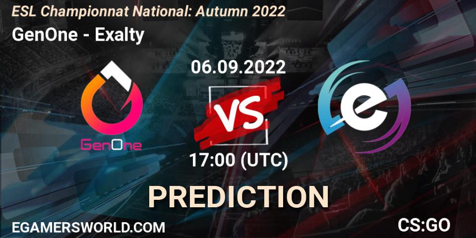 Prognose für das Spiel GenOne VS Exalty. 06.09.2022 at 17:00. Counter-Strike (CS2) - ESL Championnat National: Autumn 2022